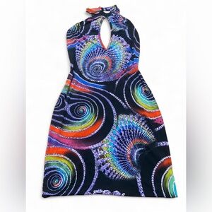 Multicolor Halter Dress with Abstract Print, Keyhole Front and Open Back
